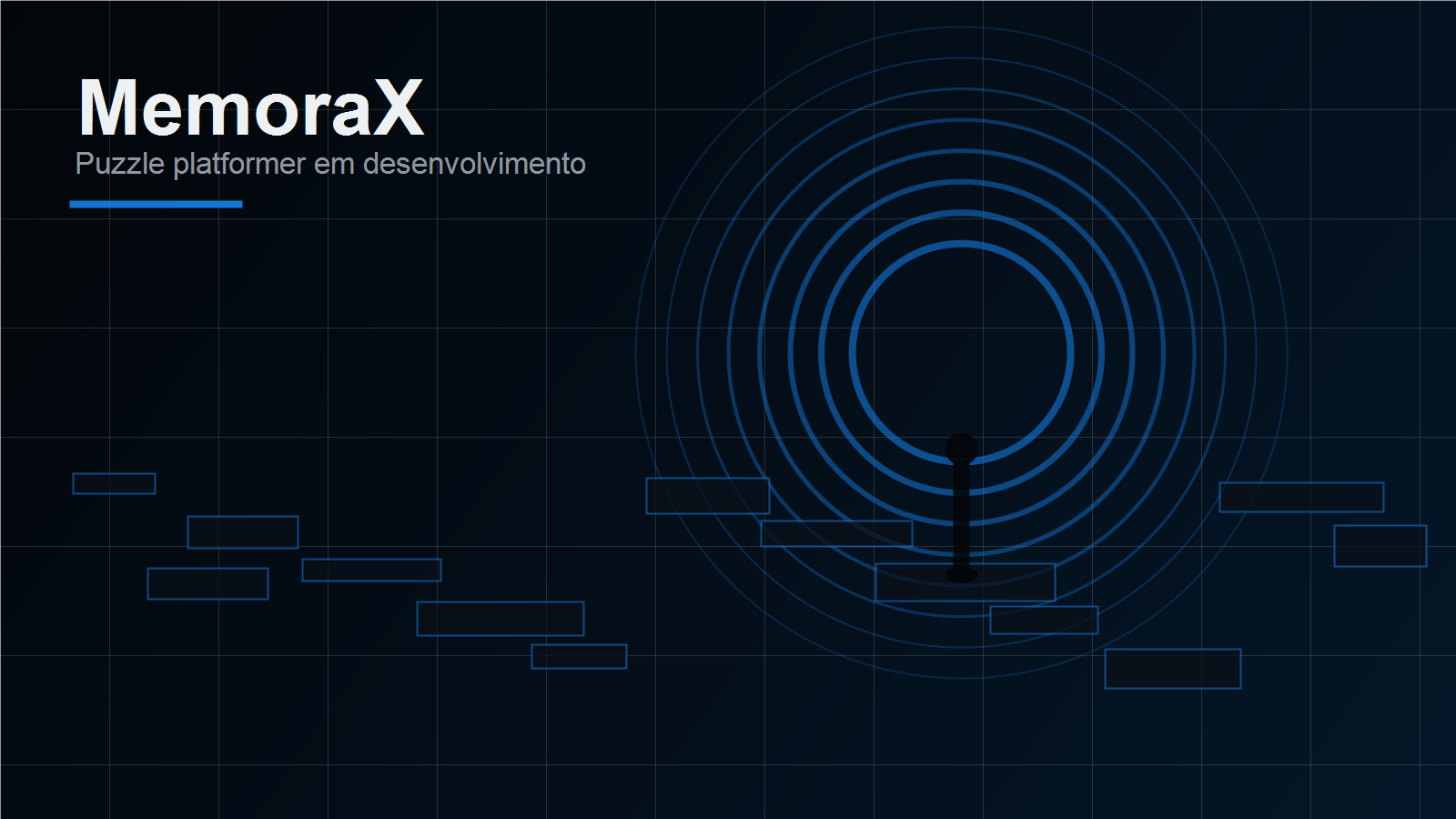 Cenario do projeto MemoraX com energia azul e plataformas geometricas.