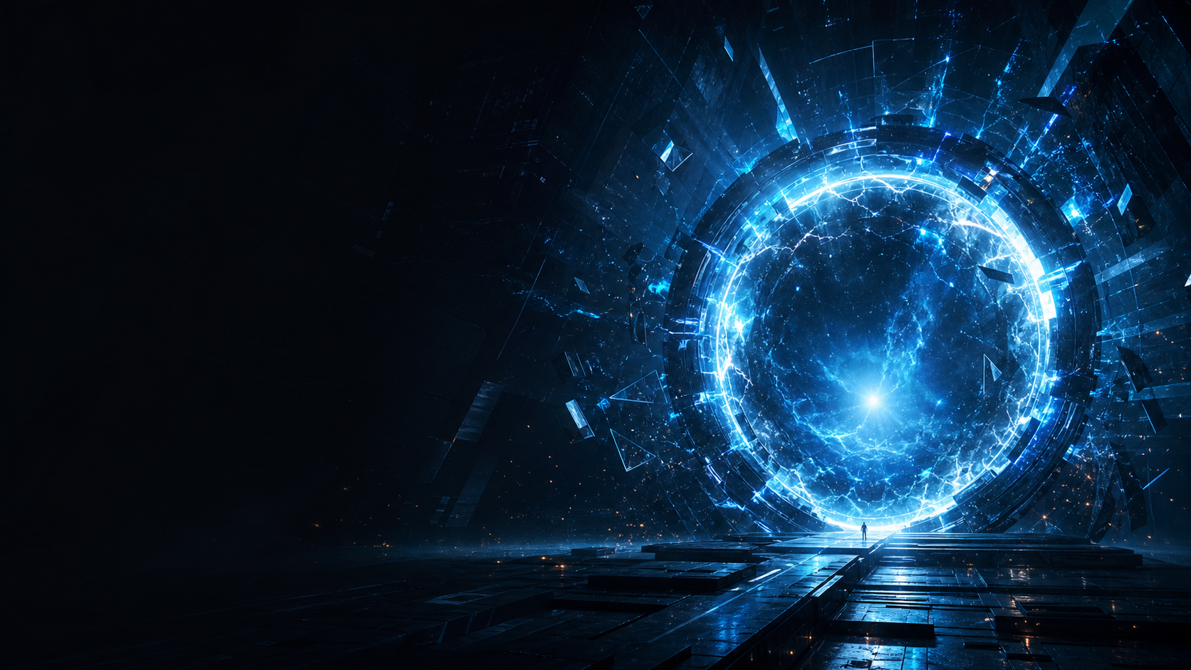 Portal dimensional de energia azul em um ambiente digital fragmentado.